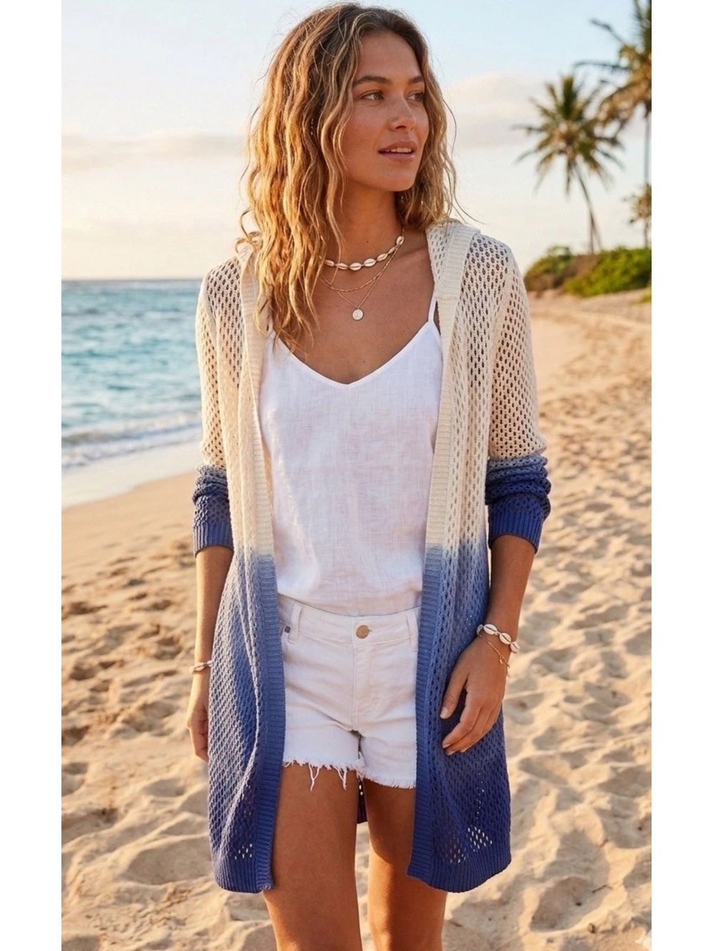 Indigo Cream Open Weave Hooded Cardigan